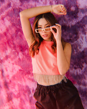 Neon Coral Rhinestone Fringe Top