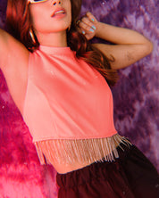 Neon Coral Rhinestone Fringe Top
