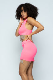 Neon Pink Rhinestone Fringe Top